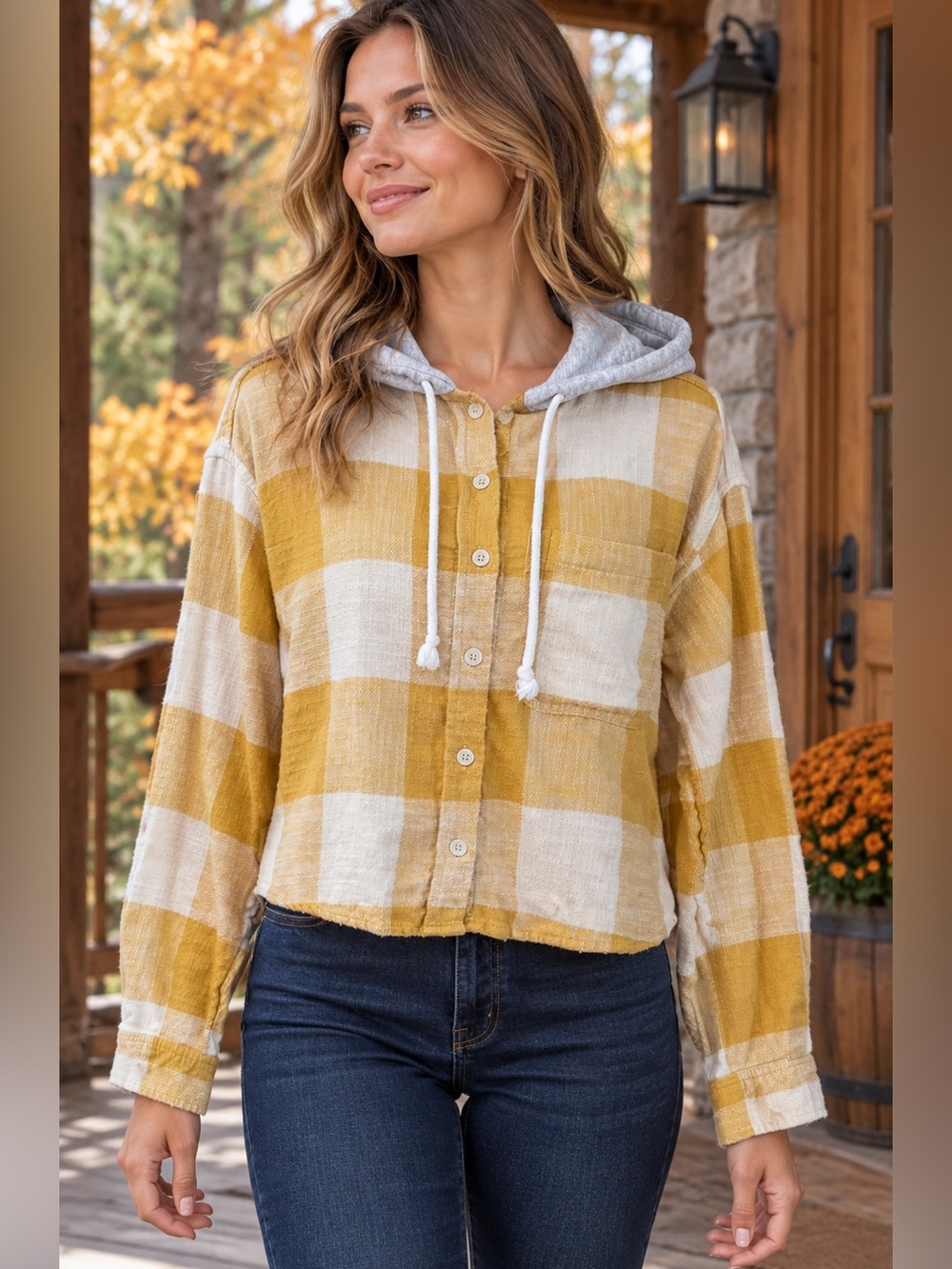 American Eagle Hooded Plaid Cotton Shirt S Mustard Yellow Cropped Front Fall